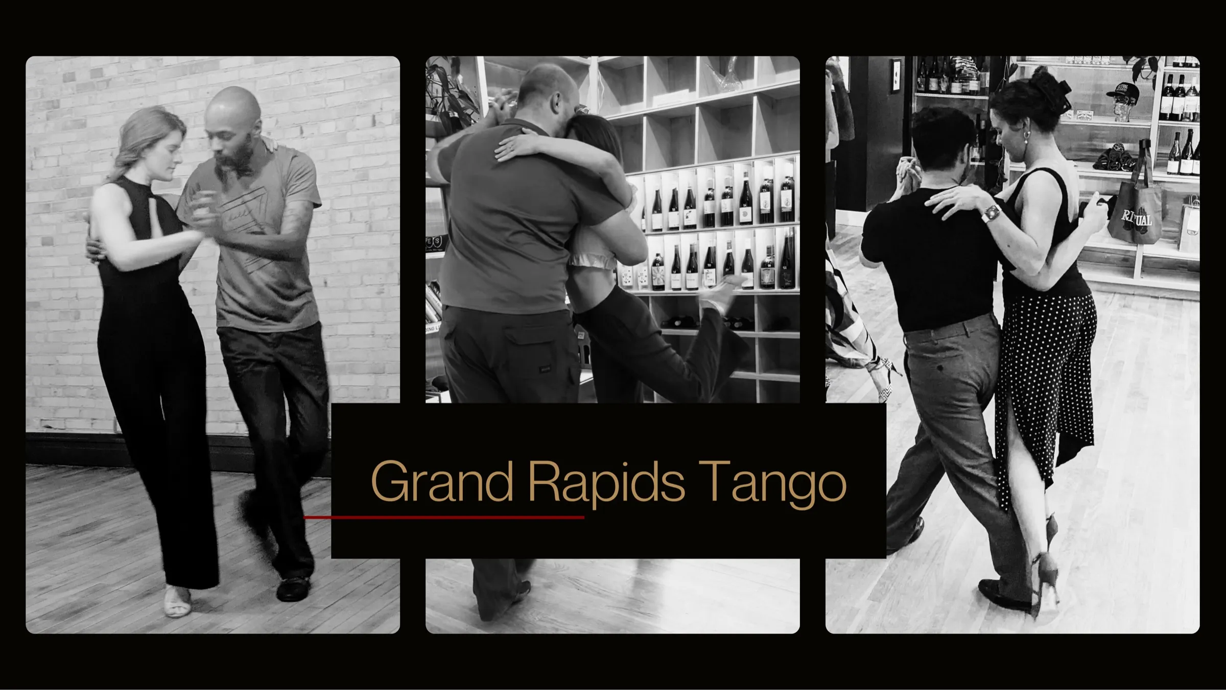 Three photographs of Argentine tango dancers with the Grand Rapids Tango name.